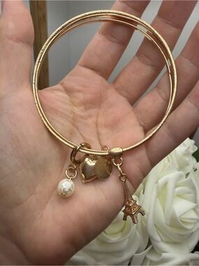 Gold Charm Bangle Bracelet with Eiffel Tower and Pearl Accent